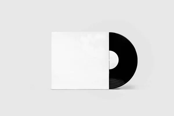 柔らかい灰色の背景にカバーモックアップとビニールレコード ディスコパーティー レトロなデザイン 正面図 — ストック写真