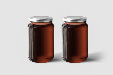 Kehribar cam şişe sahte üzerine açık gri renkli. 3D render. Tasarımlarınız için hazır şablon kadar alay.