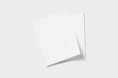 Gerçek fotoğraf, broşür mockup şablonu, yumuşak kapaklı, tasarımınızı yerleştirmek için yumuşak gri arka plan üzerinde izole. Yüksek çözünürlüklü fotoğraf.