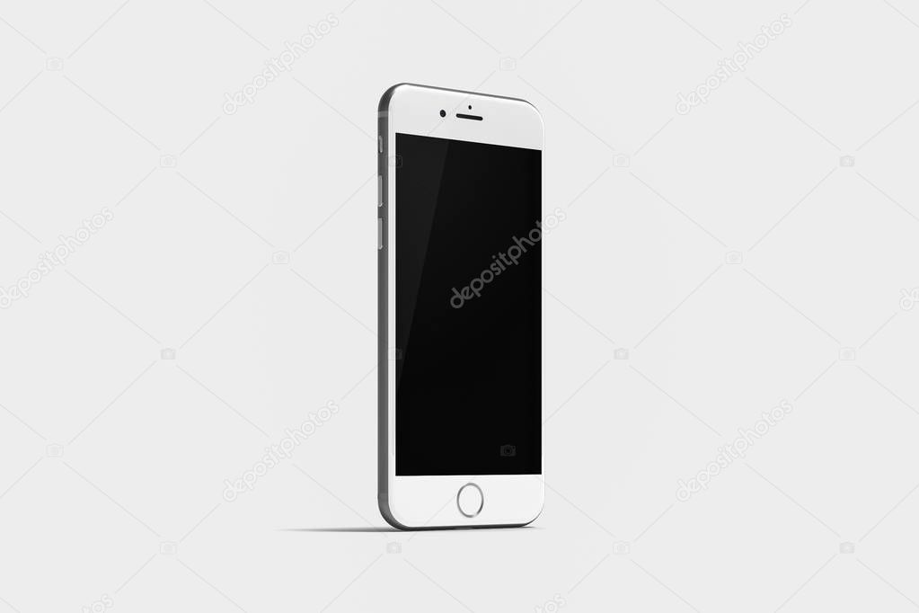 Modern smartphone isolated on soft gray background . Mock up phone with blank screen.Blank touch screen. 3D rendering.