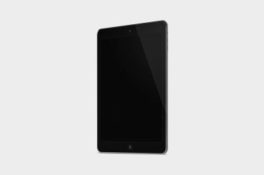 Yumuşak gri arka plan üzerinde izole dokunmatik ekranlı tablet pad tarzı siyah. Tablet PC. 3D render.