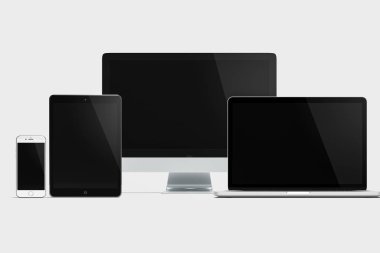 Bilgisayar, laptop, yastık, boş ekran beyaz zemin üzerine izole smartphone sahne. Duyarlı web tasarım, dizüstü bilgisayar, akıllı telefon, tablet, bilgisayar, ekran. 3D render.