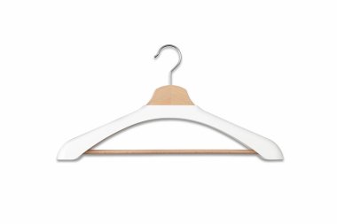 Ahşap askı farklı kıyafetler için. Gömlek, pantolon asmak için aygıt. Yüksek çözünürlüklü fotoğraf.