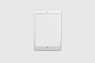 Yumuşak gri arka plan üzerinde izole dokunmatik ekranlı tablet pad tarzında beyaz. Tablet PC. 3D render.