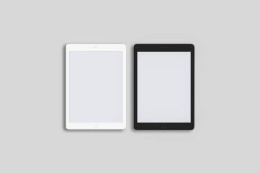 Gerçekçi tablet pc bilgisayar ile yumuşak gri arka plan üzerinde boş perde. 3D render