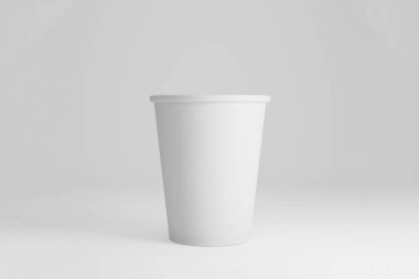 Gerçekçi beyaz tek kullanımlık kağıt bardak. Çeşitli içecekler, limonata, taze meyve suyu, kahve, çay veya dondurma için. Marka şablonu için alay. 3D render