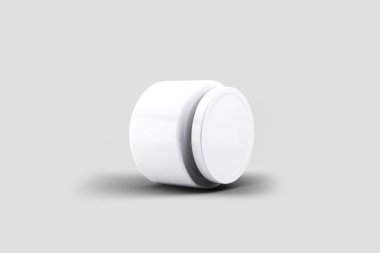 Yumuşak gri arka planda kapağı izole edilmiş beyaz parlak kavanoz. Fotoğraf gerçekçi paketleme Şablon 3D oluşturma