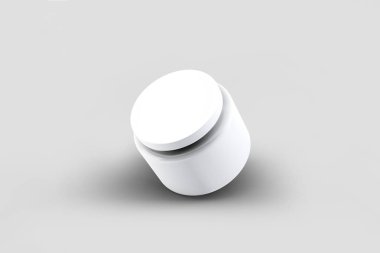 Yumuşak gri arka planda kapağı izole edilmiş beyaz parlak kavanoz. Fotoğraf gerçekçi paketleme Şablon 3D oluşturma