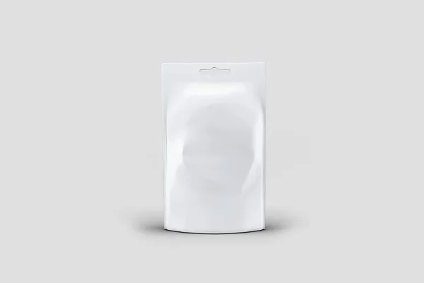 白色空白处包装 道奇Foil食品或饮用袋包装与喷出的液体在白色背景隔离 为您的设计准备模板 3D渲染 — 图库照片
