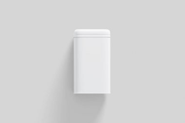 Boş kare uzun Boylu Tin Box gıda konteyner Mock up. Kuru ürünler çay, kahve, şeker, şeker, baharat için dikdörtgen parlak Tin Can.Konteyner. Gerçekçi photo.3d render