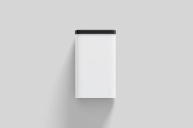 Boş kare uzun Boylu Tin Box gıda konteyner Mock up. Kuru ürünler çay, kahve, şeker, şeker, baharat için dikdörtgen parlak Tin Can.Konteyner. Gerçekçi photo.3d render