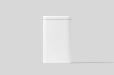 Boş kare uzun Boylu Tin Box gıda konteyner Mock up. Kuru ürünler çay, kahve, şeker, şeker, baharat için dikdörtgen parlak Tin Can.Konteyner. Gerçekçi photo.3d render