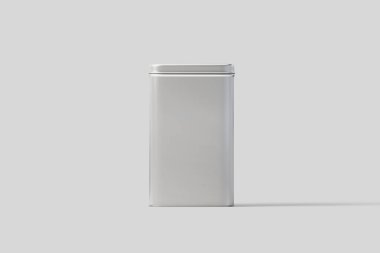 Boş kare uzun Boylu Tin Box gıda konteyner Mock up. Kuru ürünler çay, kahve, şeker, şeker, baharat için dikdörtgen parlak Tin Can.Konteyner. Gerçekçi photo.3d render
