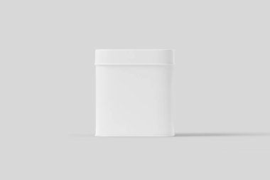 Boş kare uzun Boylu Tin Box gıda konteyner Mock up. Kuru ürünler çay, kahve, şeker, şeker, baharat için dikdörtgen parlak Tin Can.Konteyner. Gerçekçi photo.3d render
