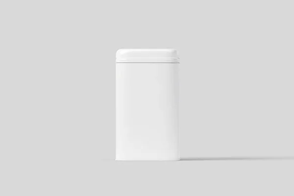 ブランクの正方形の背の高いスズボックス食品容器モックアップ 乾燥品紅茶 コーヒー キャンディー スパイスのための長方形光沢のある缶缶 コンテナ リアルなPhoto 3Dレンダリング — ストック写真