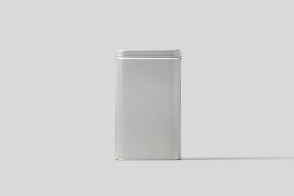 空白方高锡盒食品容器模拟起来 长方形光泽锡罐 干产品茶 香料的容器 逼真的照片 — 图库照片