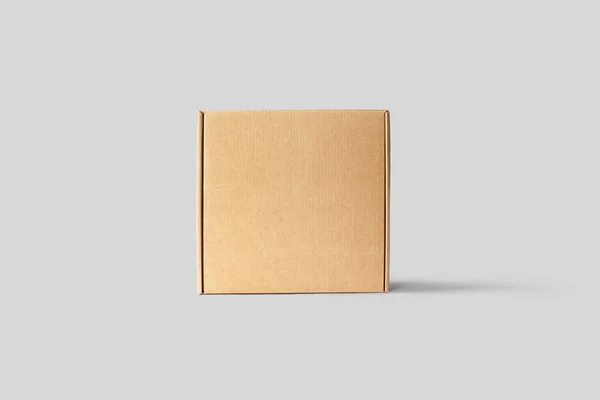 标题逼真的工艺棕色空白纸板箱模拟隔离在浅灰色背景 准备好设计和品牌化 高分辨率 带标签的框 — 图库照片