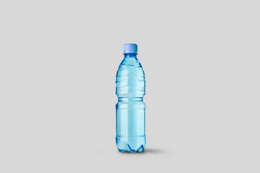 Yumuşak gri arka plan üzerinde Boş Etiketli saf Su Plastik Şişeler. 3d render. Gerçekçi Mock up. Su kabı.