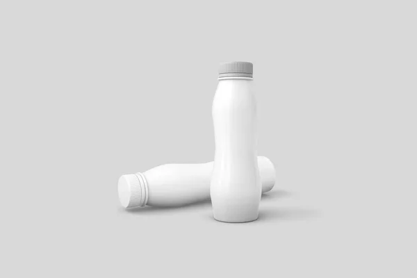 Beyaz Yoğurt Süt Plastik Şişe Zole Yumuşak Gri Arka Plan — Stok fotoğraf