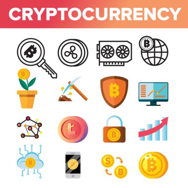 Cryptocurrency Coins Simge Seti Vektör. Kripto Para. Güvenlik. Altın Para. Madencilik Sanal Sig. Finansal İnternet Piyasası. Çizgi, Düz İllüstrasyon