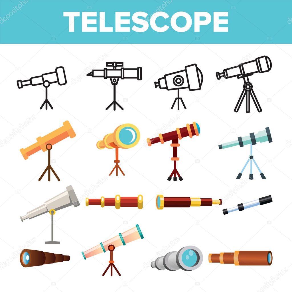 Telescope Icon Set Vector. Spyglass Discover Tool. Astronomy Science Magnify Instrument. Learning Universe. Planetarium Watching Lens. Line, Flat Illustration