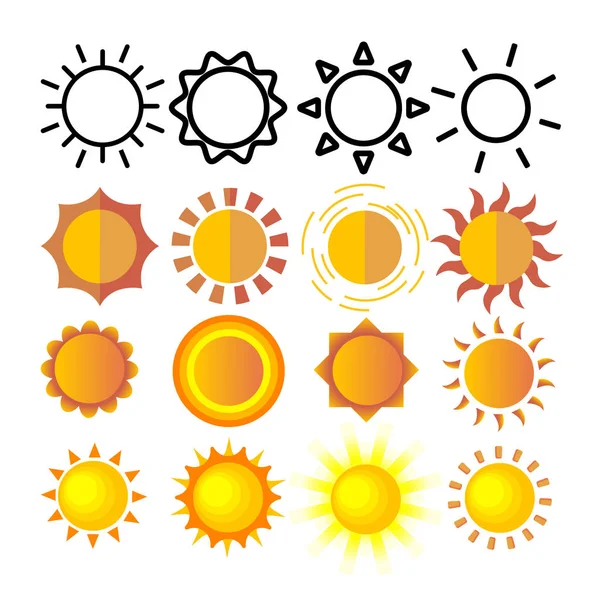 Sol amarillo Icono Set Vector. Señal de puesta de sol. Luz del amanecer. Calor de verano. Rayo naranja. Objeto de temporada. Gráfico de clima brillante. Línea, Ilustración plana — Vector de stock