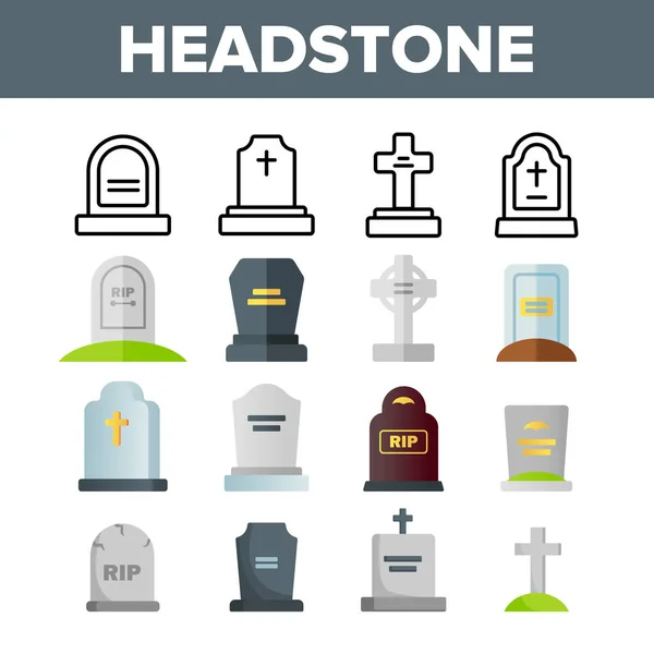 Hlavovec, náhrobní kámen, sada ikon pro vektorové barvy označené jako neplatné — Stockový vektor