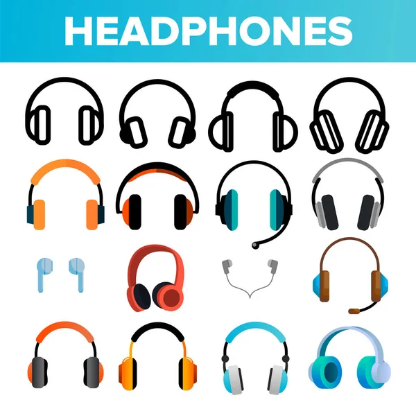 Headphones Icon Set Vector. Audio Stereo Headphones Icons. Volume Symbol. Listen Music. Acoustic Accessory. Line, Flat Illustration — Stok Vektör