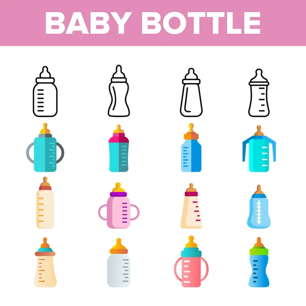 Garrafa de bebê, conjunto de ícones lineares de vetores de equipamentos infantis —  Vetores de Stock