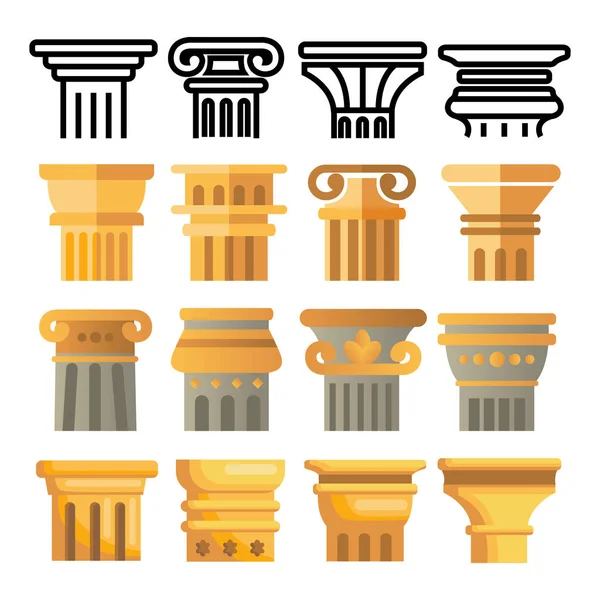 Ancient Column Icon Set Vector. Architecture Roman Symbol. Ancient Pillar. Greece Building. Rome Culture. Old Graphic Element. Historical Classical Sign. Line, Flat Illustration