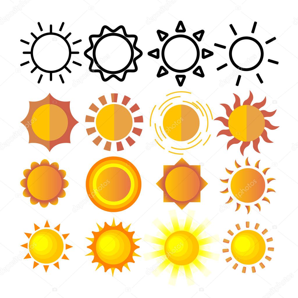 Yellow Sun Icon Set Vector. Sunset Sign. Sunrise Light. Summer Heat. Orange Ray. Season Object. Shiny Climate Graphic. Line, Flat Illustration