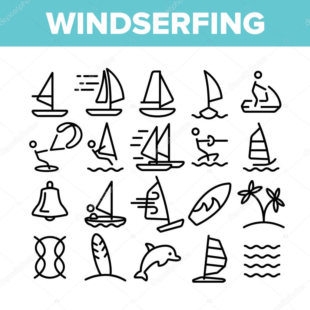 Water Skiing, Windsurfing Linear Vector Icons Set