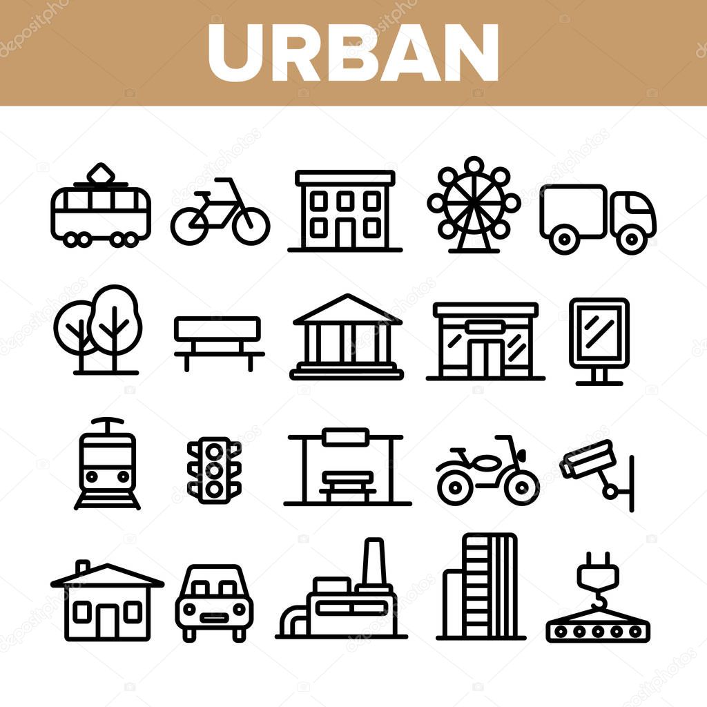 Urban, City Life Thin Line Icons Set. Urban Architecture, Transportation, Industry Linear Illustrations. Municipal Government Buildings. City Traffic, Road Safety, CCTV Monitoring Contour Pictograms