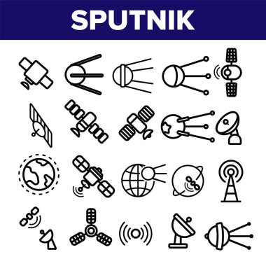 Orbital Sputnik Lineer Vektör İnce Simgeler Seti