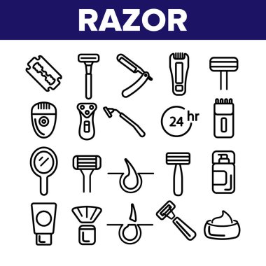 Jilet, Tıraş Aksesuarları Vektör Lineer Simgeler Seti