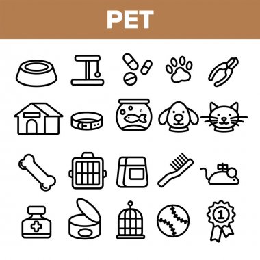 Pet Line Simge Seti Vektör. Hayvan Bakımı. Damat Pet Sembol. Köpek, Kedi Veteriner Dükkanı simgesi. İnce Anahat Web İllüstrasyonu