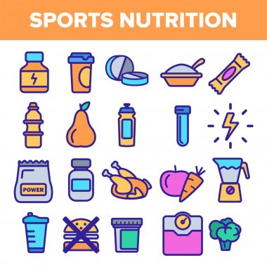 Sport Supplement Food Line Icon Set Vector. Nutrition Pictogram. Health Sport Supplement Food Symbol. Energy Vitamin Diet. Thin Outline Web Illustration clipart