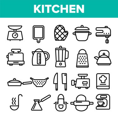 Kitchenware Line Simge Seti Vektör. Ev Mutfak Aletleri Sembol. Klasik Mutfak Pişirme Simgeleri. İnce Anahat Web İllüstrasyonu