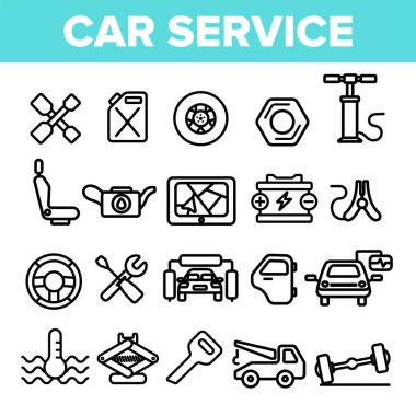 Araba Servisi Lineer Vektör Simgeleri Set İnce Pictogram
