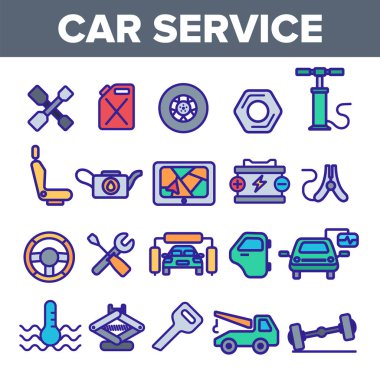 Araba Servisi Lineer Vektör Simgeleri Set İnce Pictogram