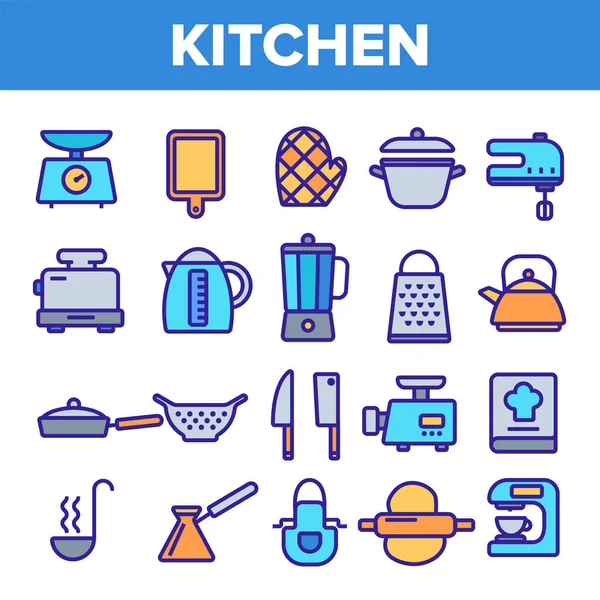 Kitchenware Line Simge Seti Vektör. Ev Mutfak Aletleri Sembol. Klasik Mutfak Pişirme Simgeleri. İnce Anahat Web İllüstrasyonu