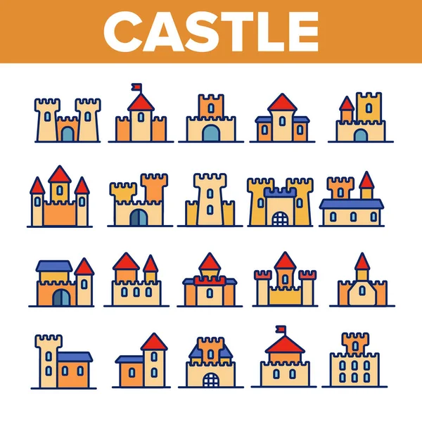 Castillo, Edificios medievales Conjunto de iconos vectoriales lineales — Vector de stock