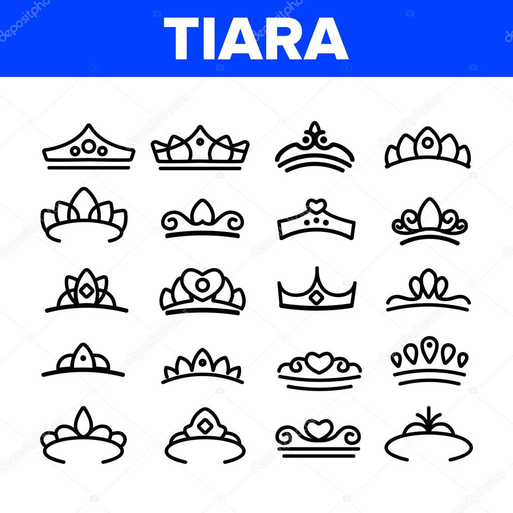Tiara, Royal Accessory Vector Thin Line Icons Set