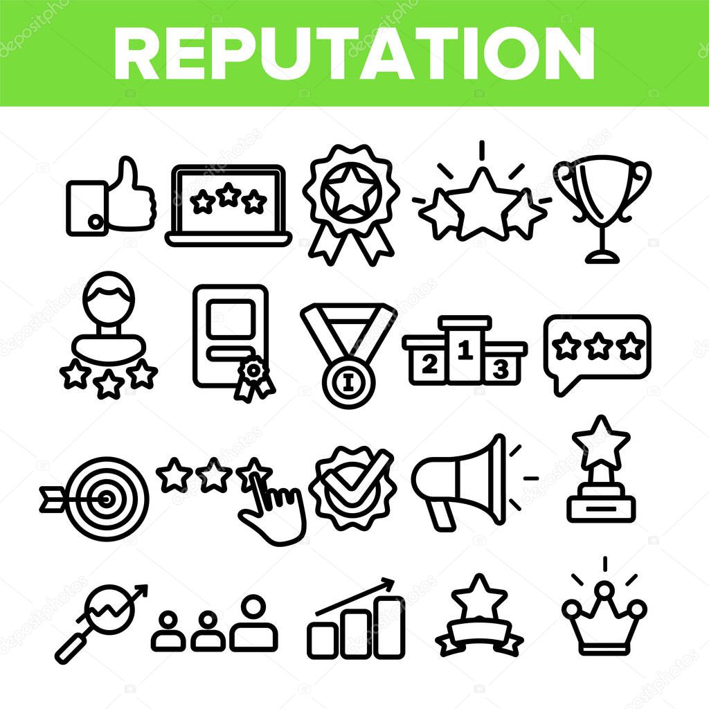 Reputation Linear Vector Icons Set. Reputation Thin Line Contour Symbols Pack. Social Media Feedback, Like Pictograms Collection. Internet Review, Rating. Community Management Outline Illustrations