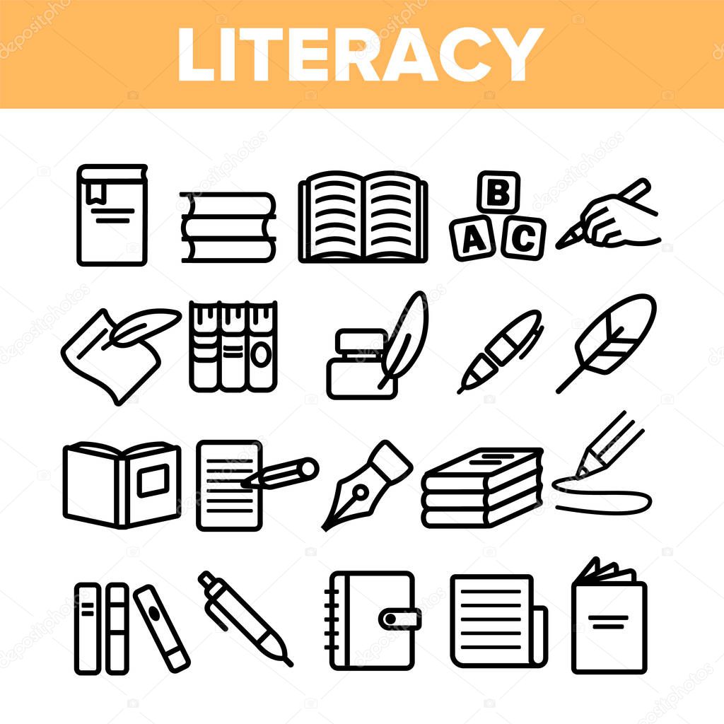Literacy Linear Vector Thin Icons Set Pictogram