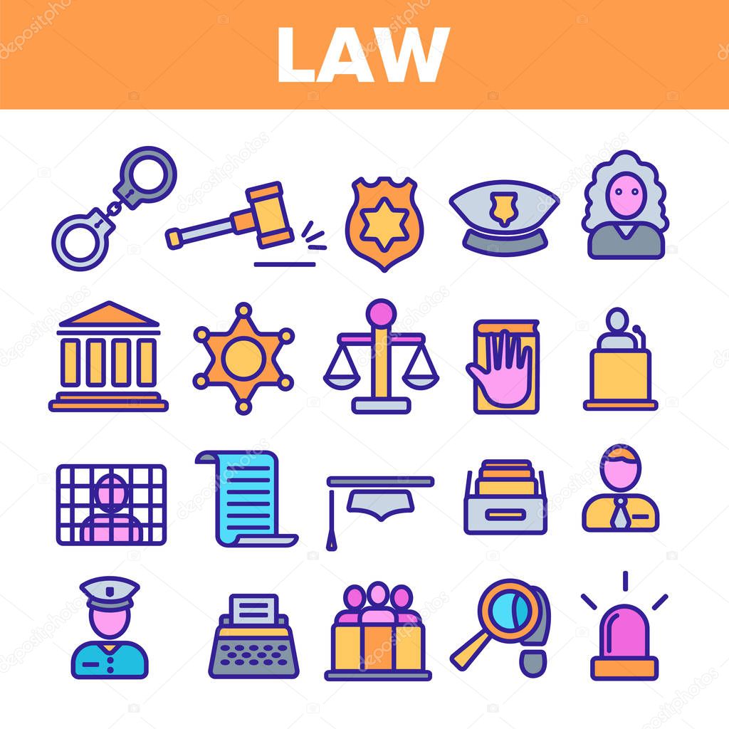 Law and Order Linear Vector Icons Set. Law, Jurisprudence Thin Line Contour Symbols Pack. Judicial System Pictograms Collection. Legal, Civil Rights. Lawyer, Judge, Courthouse Outline Illustrations