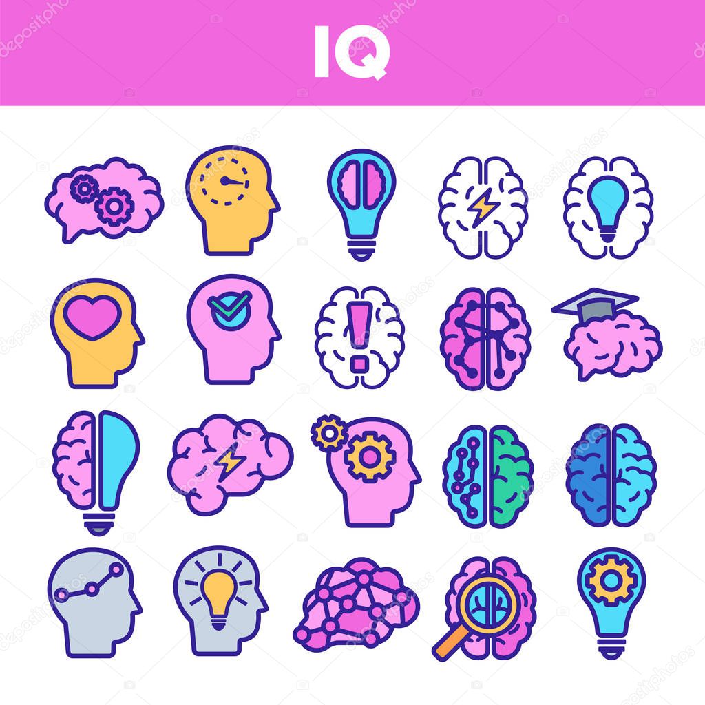 IQ, Intellect Linear Vector Icons Set. Intelligence Coefficient, IQ Thin Line Contour Symbols. Brain Power Pictograms Collection. Genius, Brainstorm. Lightbulb, Human Head Outline Illustrations