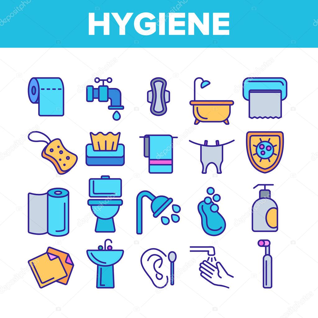 Hygiene, Cleaning Thin Line Icons Vector Set. Sanitary, Personal Hygiene Linear Illustrations. Bathroom, Toilet Items. Washing Hands, Shower, Hygienic Procedures. Body Care Products Outline Symbols