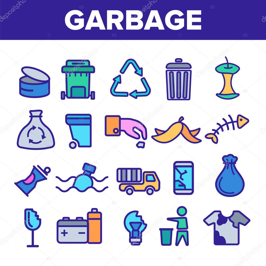 Garbage Recycling Linear Vector Icons Set. Trash, Garbage Thin Line Contour Symbols Pack. Earth Pollution Pictograms Collection. Environment Contamination. Hazardous Waste Outline Illustrations