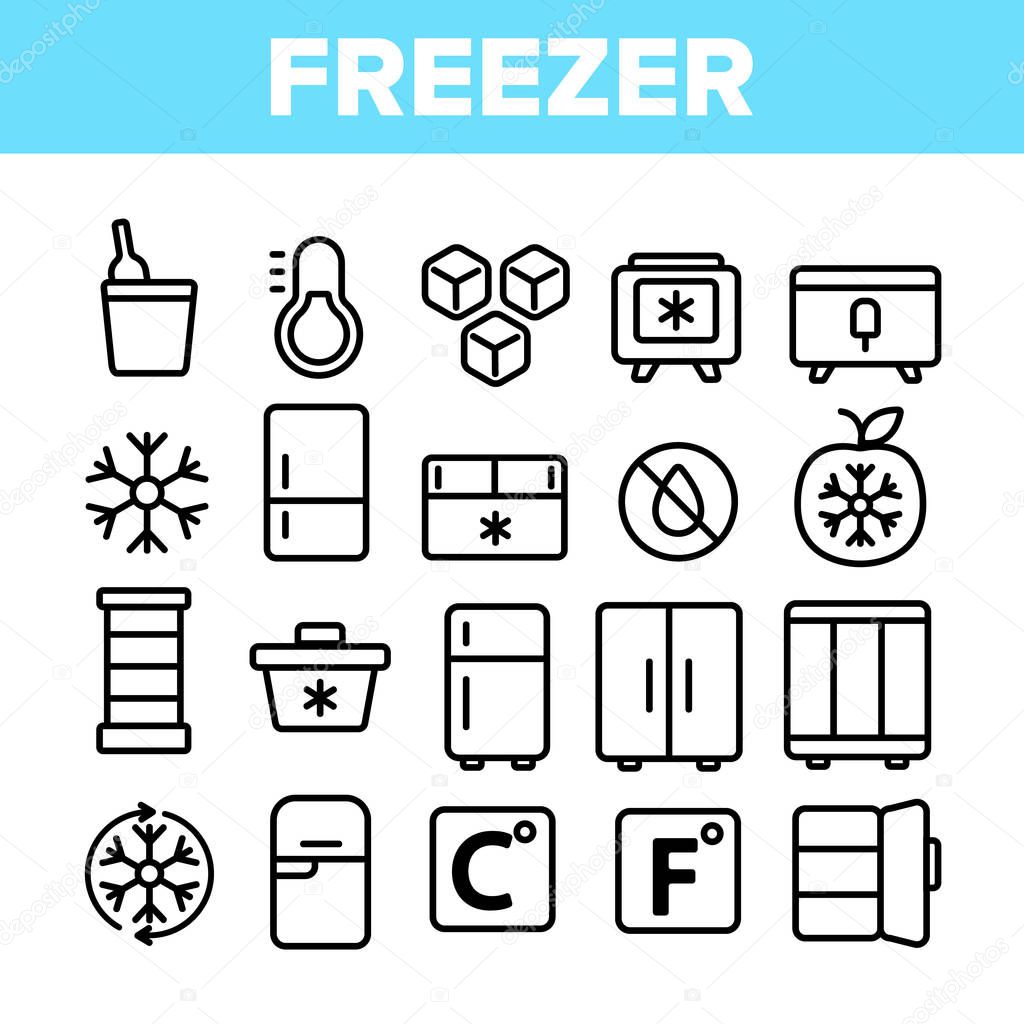 Freezer, Cooling Appliance Linear Vector Icons Set. Frosting and Icing Thin Line Contour Symbols. Cold Storage Pictograms. Refrigerator, Fridge, Ice Chest. Deep Freeze Outline Illustrations Pack